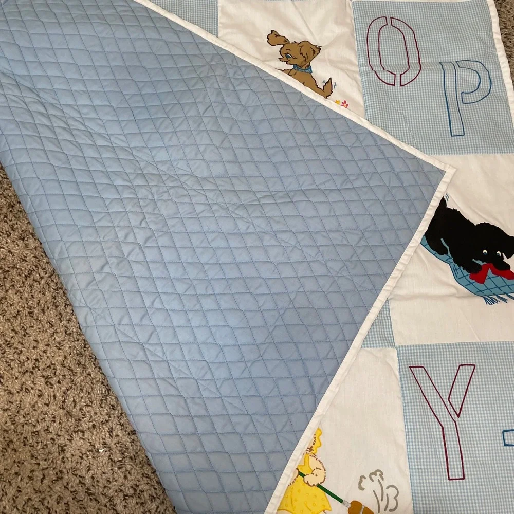 Vintage ABC Alphabet Animals Baby Quilt Blue White Gingham Puppy Kitten Retro‎
